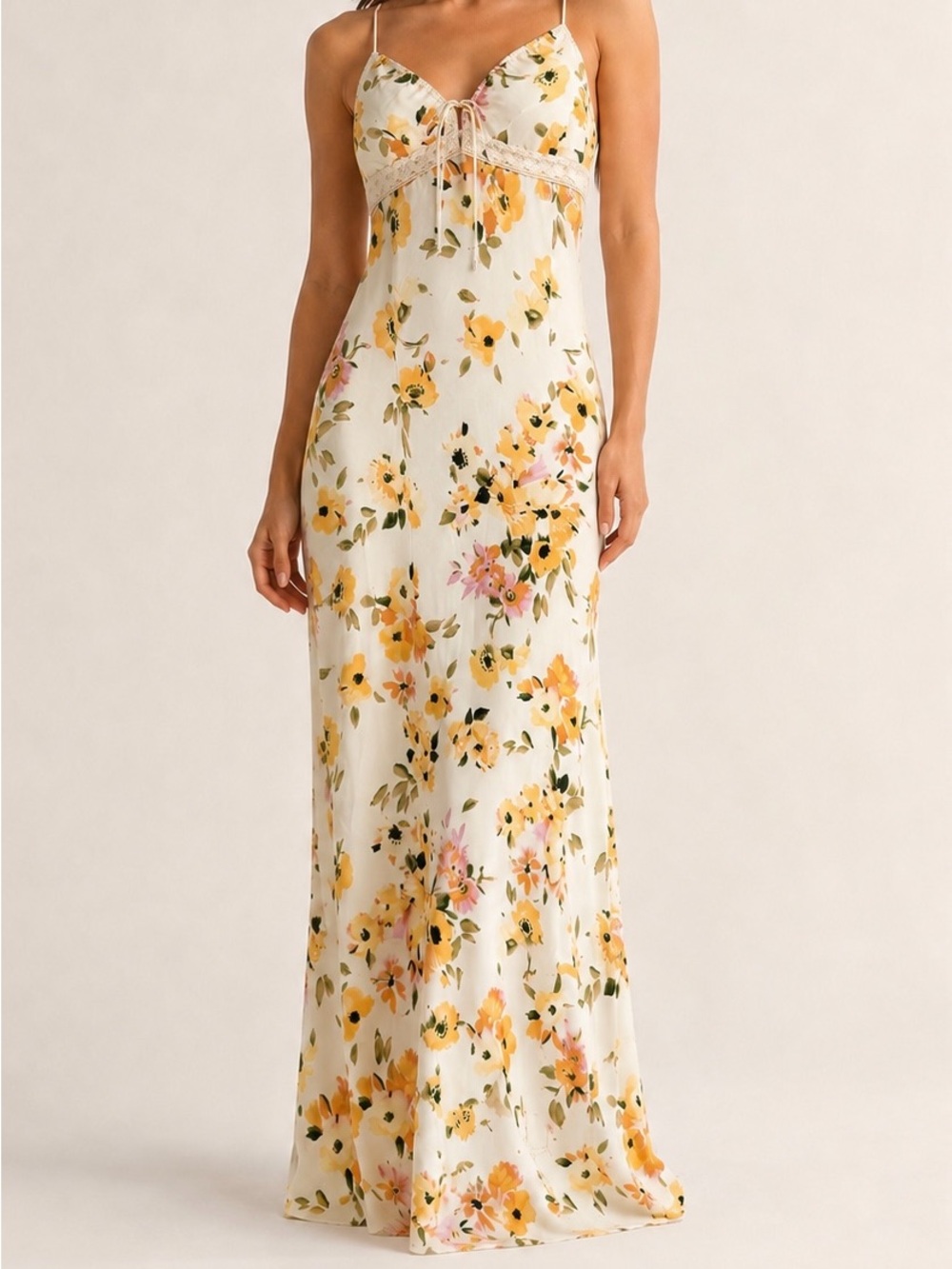 Princess Polly Ivory Maxi Slip Dress with Yellow & Pink Floral Blooms size 6